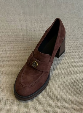 2026春季新款山茶花一脚蹬乐福鞋女粗高跟单鞋女百搭英伦风小皮鞋