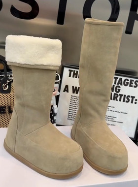 冬季两穿翻边厚底长筒雪地靴女加绒加厚高筒靴保暖小众款复古棉靴