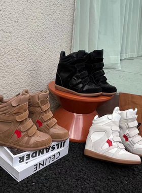 小众设计欧美风坡跟高帮鞋女2026新款小个子厚底魔术贴运动休闲鞋