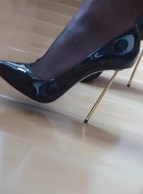 欧美风超细钢针高跟鞋车展金属跟气质名媛尖头黑色漆皮性感单鞋女