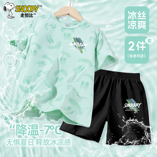 史努比童装儿童速干运动套装男孩夏装T恤衣服男童夏季冰丝短袖夏