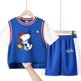 史努比儿童网眼速干吸汗篮球服男大童蓝色透气运动短袖男童两件套