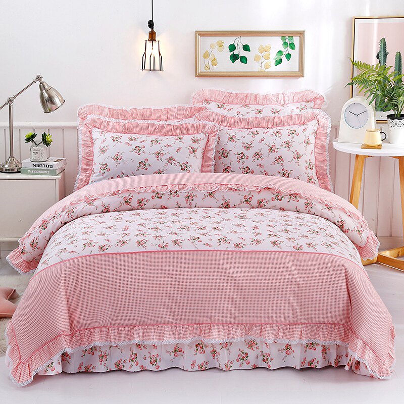 全棉韩式蕾丝花边四件套纯棉田园风小碎花被套床单公主风床上用品
