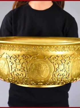 黄铜聚宝盆摆件双龙铜盆家居客厅店铺装饰工艺品开业礼品