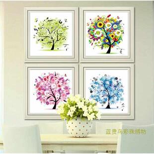 全串珠子绣十字绣圆珠四季树发财树春夏秋冬新款客厅四联画彩珠绣