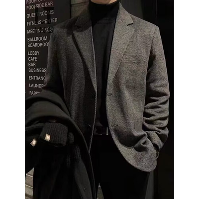 韩版潮流西装外套男胖子秋冬厚款英伦雅痞复古人字纹大码羊毛西服