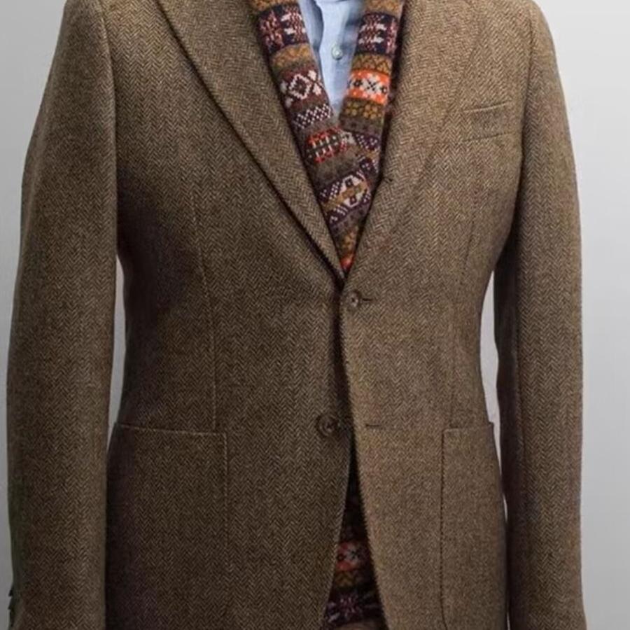 复古英伦粗花毛呢外套男 nick大叔wooster同款秋冬修身人字纹西服