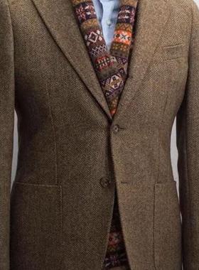 复古英伦粗花毛呢外套男 nick大叔wooster同款秋冬修身人字纹西服