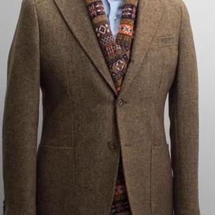 人字纹西服 秋冬修身 复古英伦粗花毛呢外套男 nick大叔wooster同款