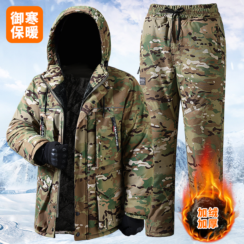 冬季加绒加厚棉衣男连帽保暖套装