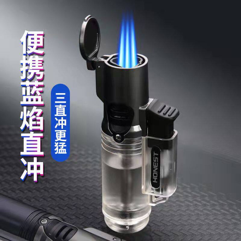 新款三火焰透明直冲点艾灸雪茄百诚打火机男防风超薄小巧迷你个性