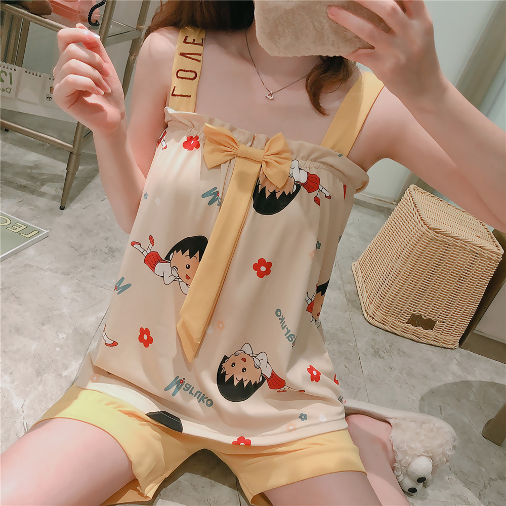 网红吊带睡衣女夏季韩版薄款短裤甜美学生少女性感宽松家居服套装
