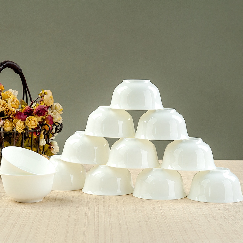 纯白色骨瓷小碗陶瓷吃饭家用个性简约餐具套装防烫高脚10个米饭碗