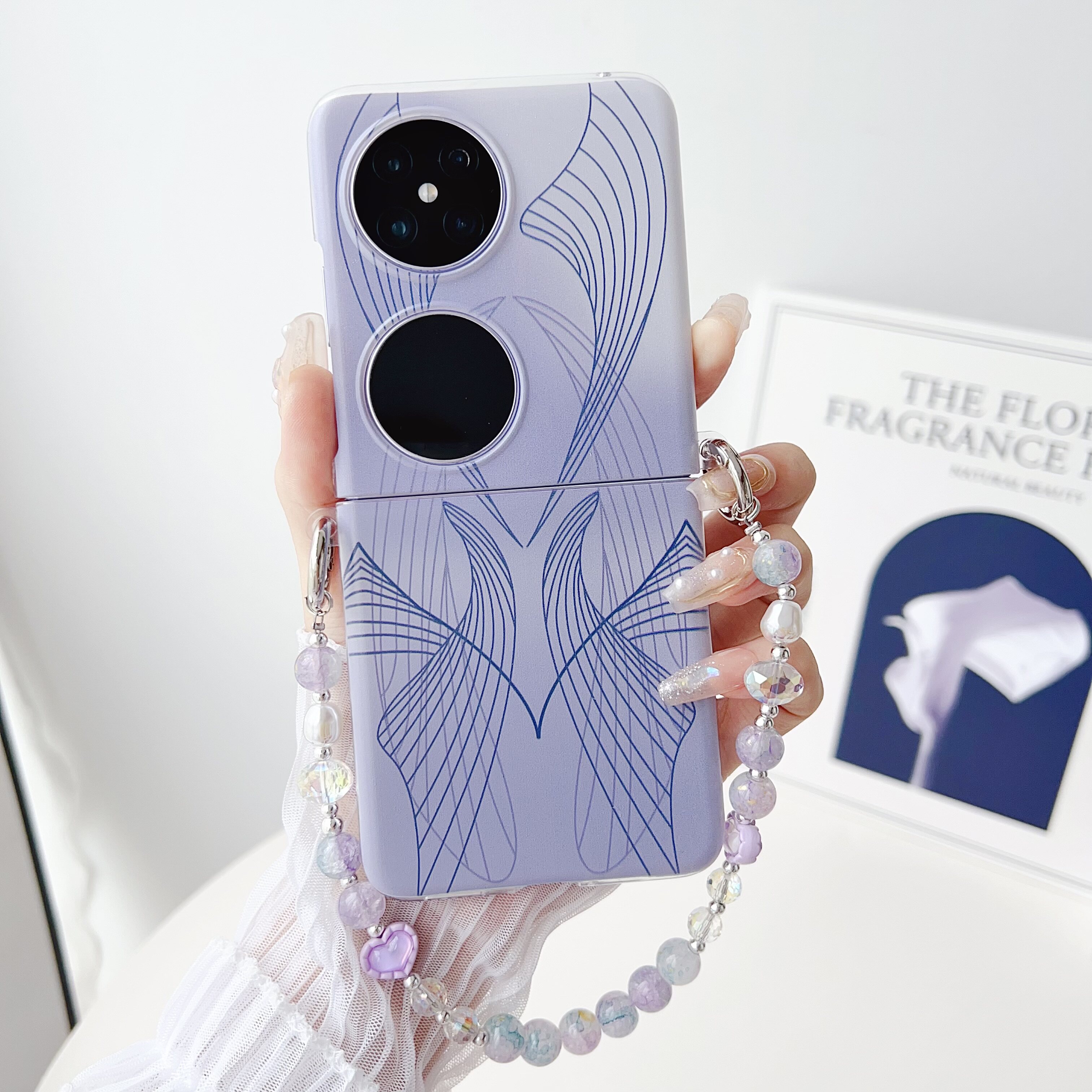适用华为pocket2手机壳宝盒2代新款折叠保护壳简约珍珠手链手提华为pocket2彩绘网红梦蓝透明防摔耐磨保护套