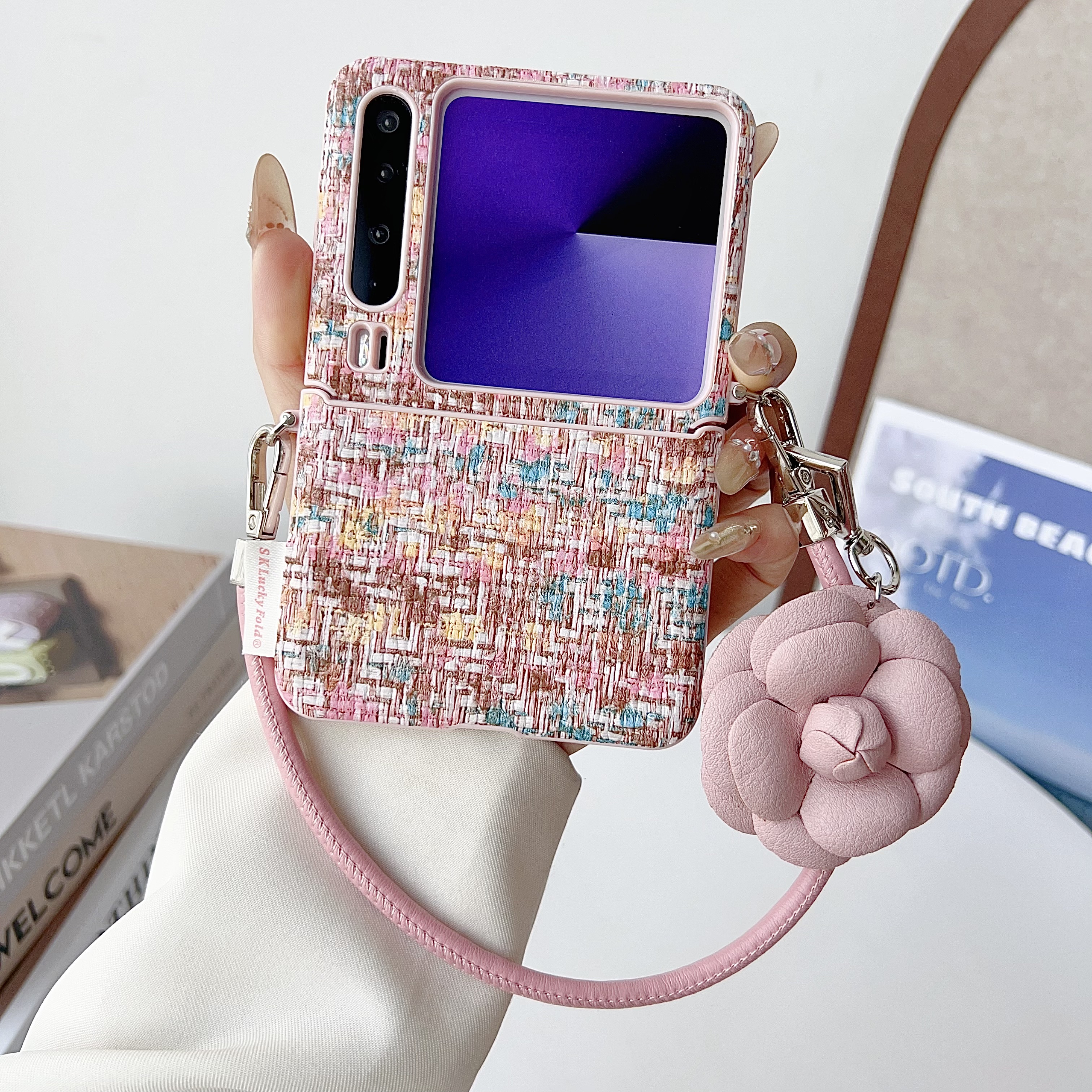 适用华为purax手机壳新款折叠屏pocket2彩色编织纹玫瑰花手提侧扣斜挎purax典藏版全包pocket2保护套小清新紫