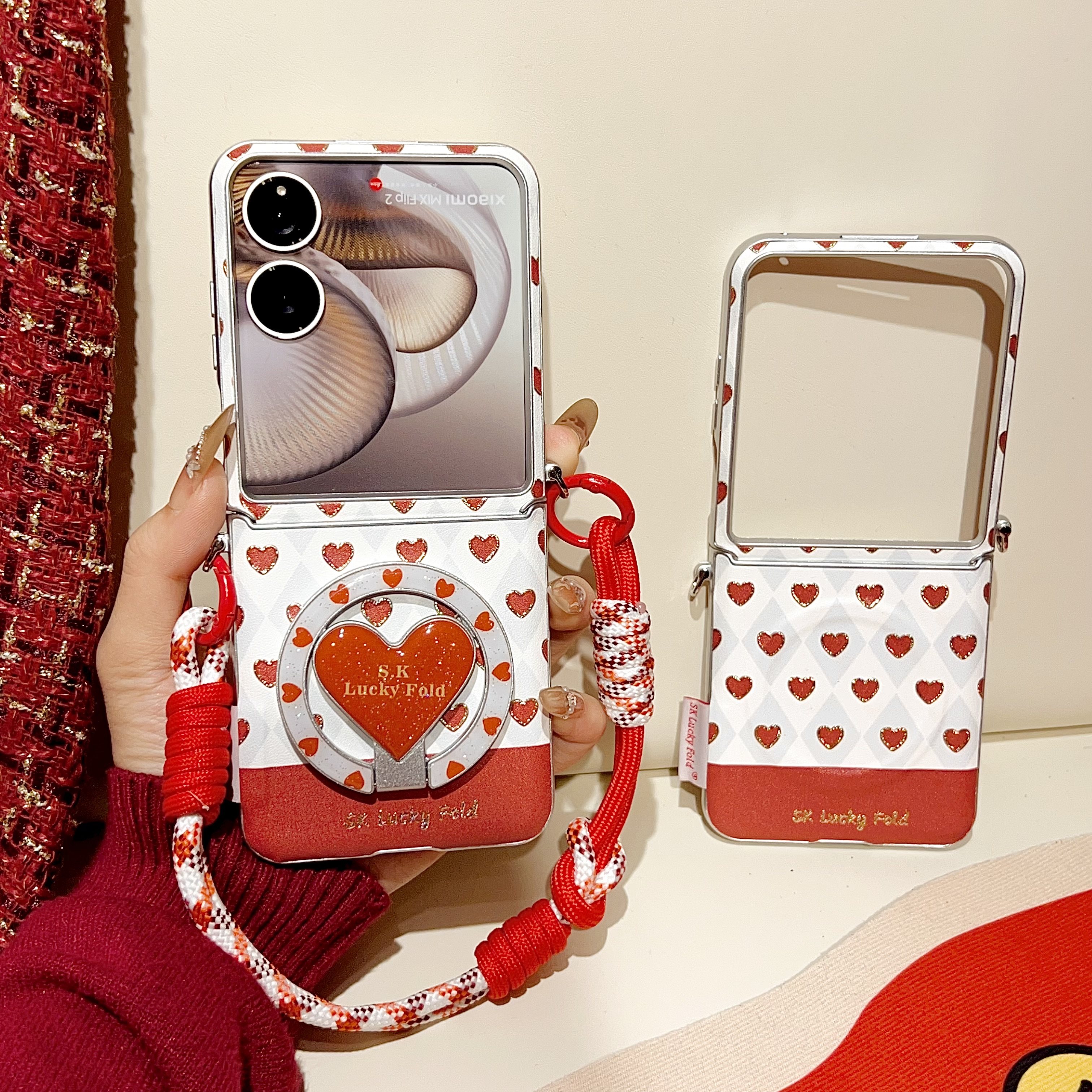 适用小米mixflip2手机壳新款磁吸折叠屏秋冬mix flip红色爱心外壳全包防摔皮纹高级感带挂绳斜挎保护套xiaomi