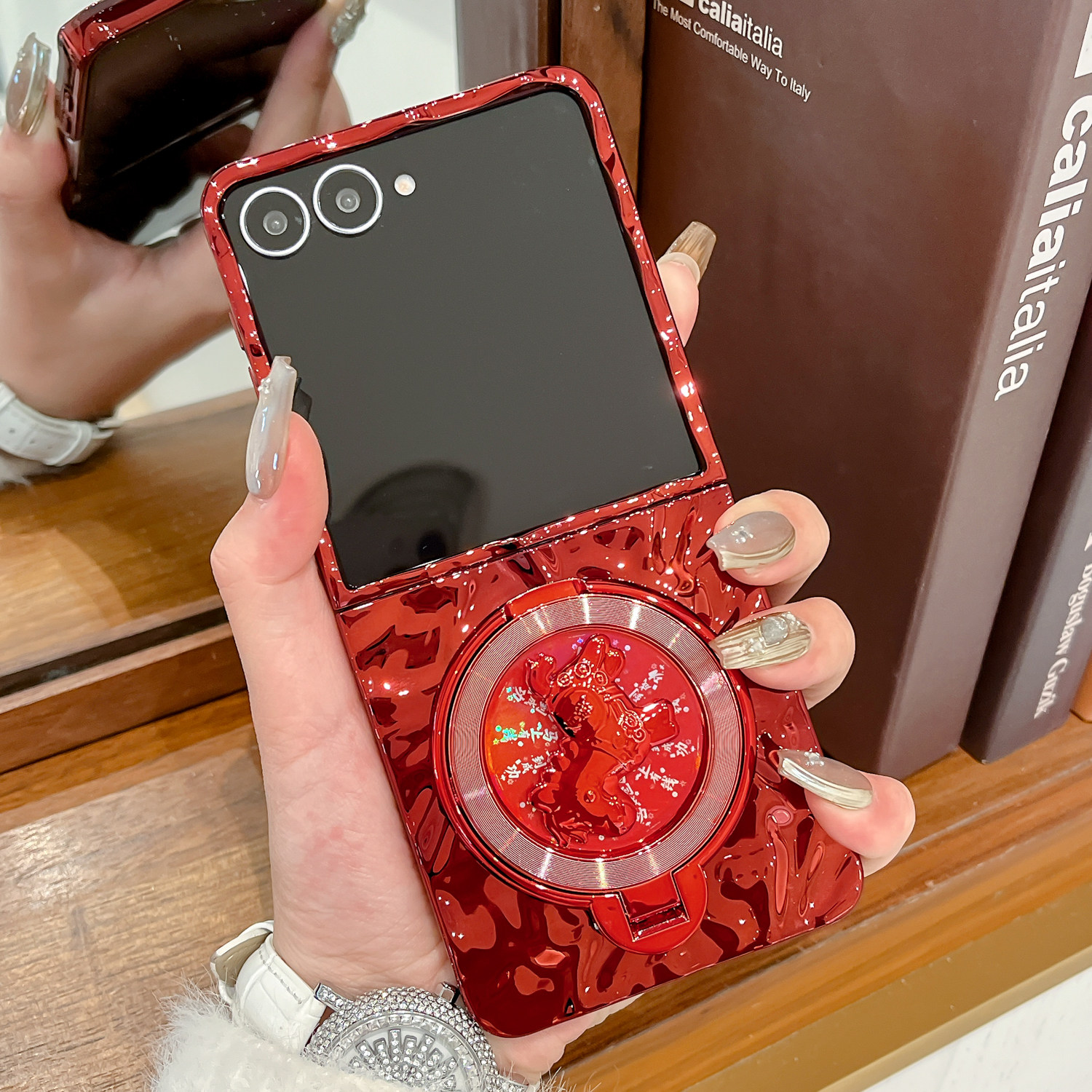 旋转马支架适用三星zflip7手机壳新年款马年Zflip6超薄防摔保护套ZFlip5折叠屏水波纹zflip4/3纯色简约男女潮