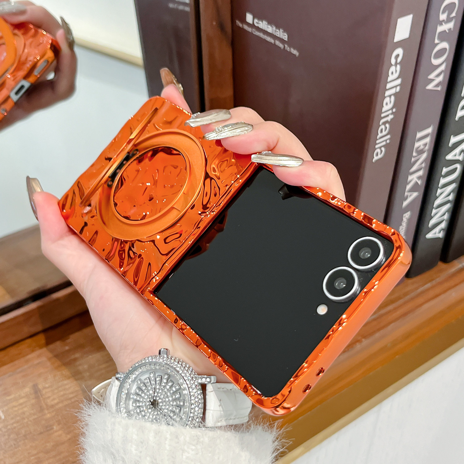 适用三星zflip7手机壳折叠屏女新款橙色水波纹Zflip6全包防摔zflip5时尚简约旋转磁吸支架ZFLIP4/3轻薄保护套