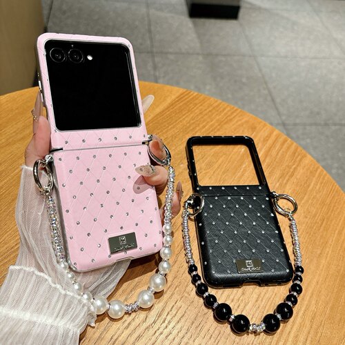 适用摩托罗拉Razr60Ultra手机壳小香风皮纹Razr70保护套奢镶钻motoRazr50折叠屏摩托罗拉Razr60pro菱格手提链
