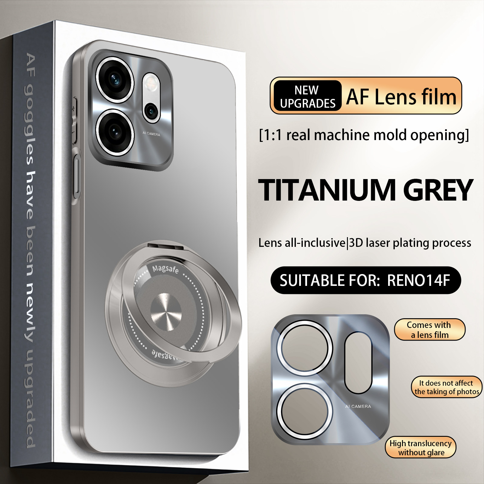 适用opporeno14F国外版手机壳新款Reno14F炫金磨砂360度旋转磁吸支架高级外壳超薄RENO14F男女全包防摔保护套