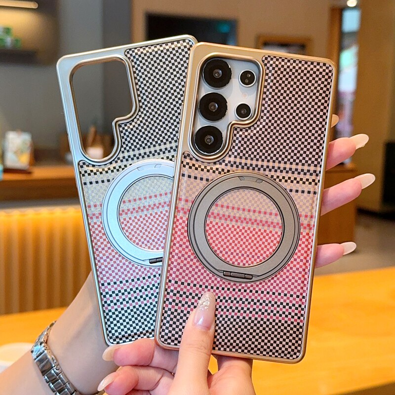 适用三星s25ultra手机壳新款电镀全包三星S24+磁吸支点壳S25+碳纤维纹理s25edge带支架s24ultra散热保护外壳