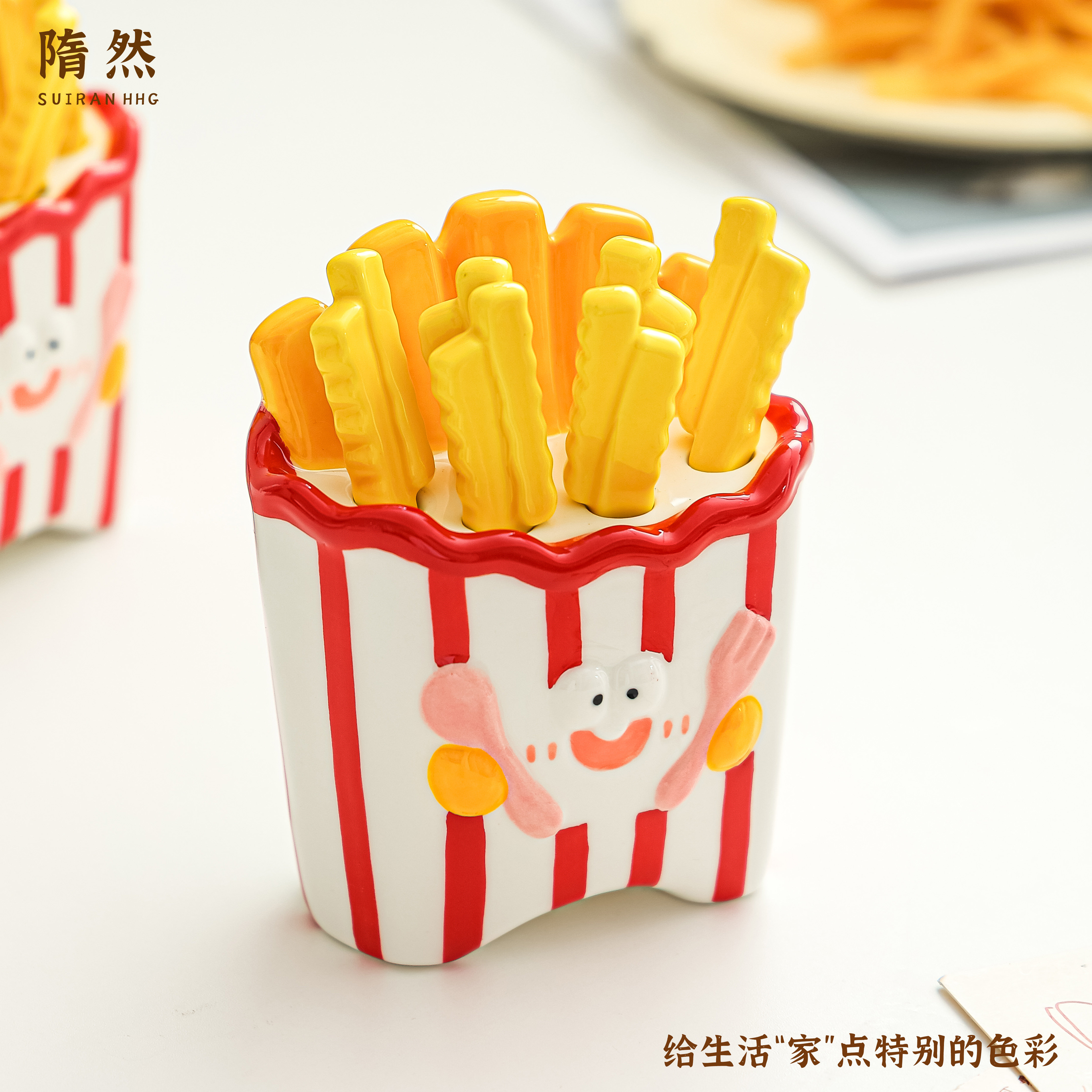 高颜值薯条水果叉家用不锈钢创意可爱甜品小叉子水果签收纳罐套装