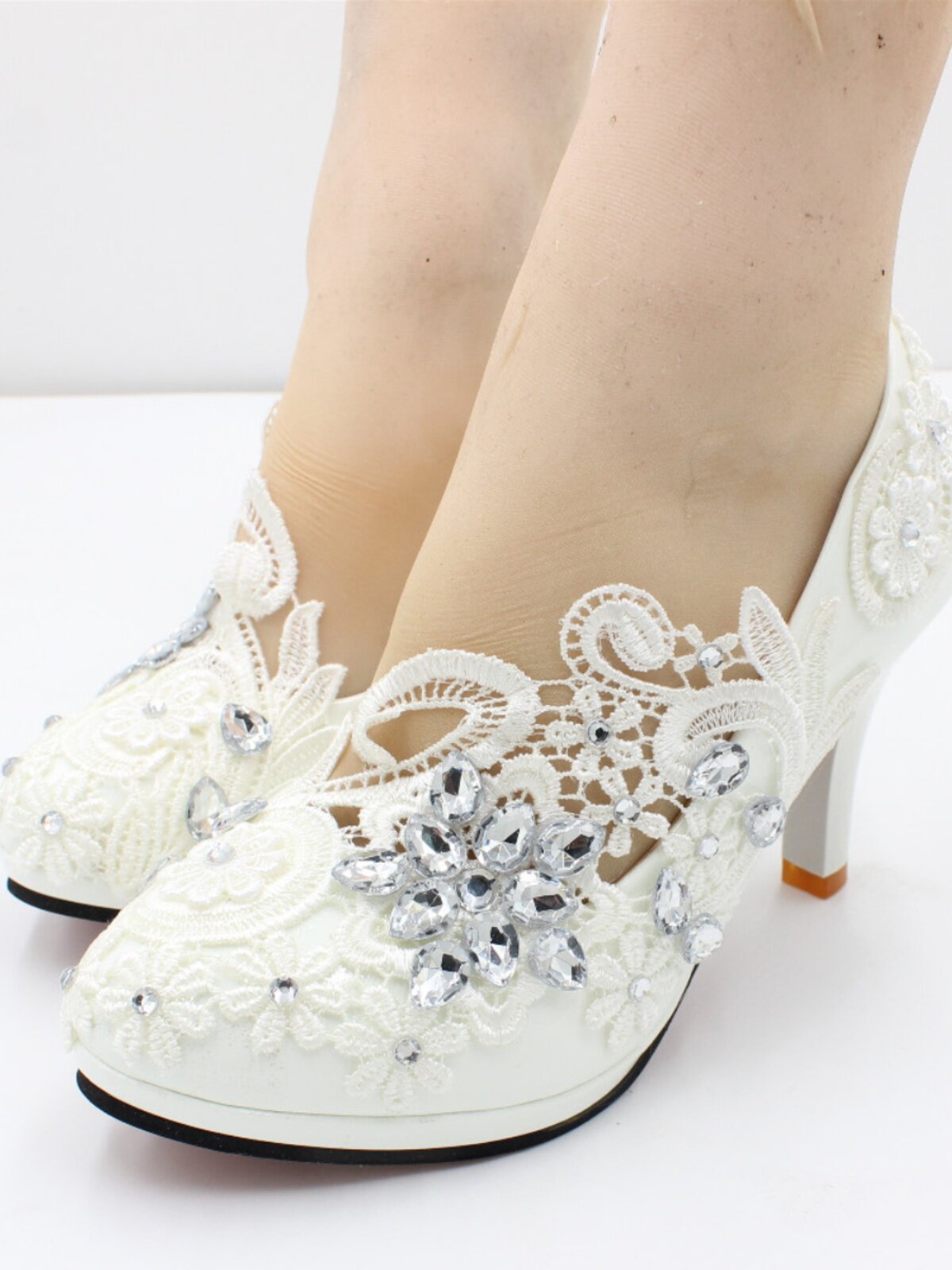 RHINESTONE EMBELLISHED PLUS SIZE WEDDING SHOES SPRING NEW HIGH HEELS ROUND TOE BRIDAL SHOES WHITE FLAT BRIDESMAID SHOES WOMENS BH2115