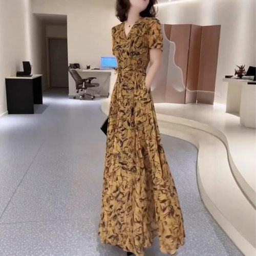 英系coss koko夏季新款女神范v领印花连衣裙收腰显瘦长裙女