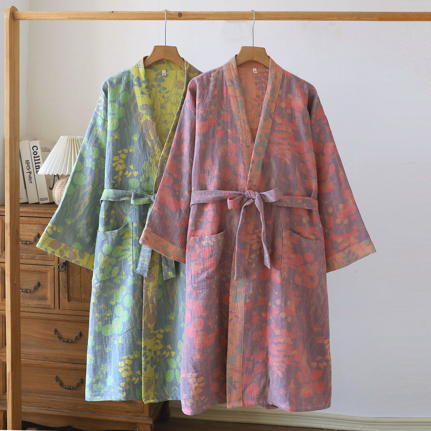 法国gentle motto春秋季中长款棉睡衣家居浴袍女色织复古日系和服