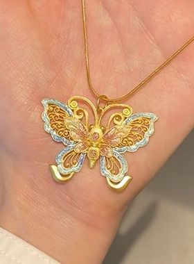轻奢精致庄生晓梦脉脉花蝶吊坠项链黄金色彩色蝴蝶珐琅高级送女友