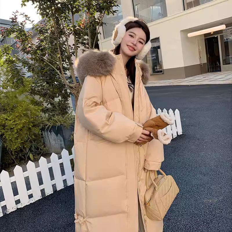 法国cherrykoko香风系大毛领女新款连帽白鸭绒加厚羽绒服加长款