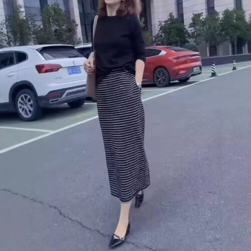 英系coss koko秋季新款色宽松t恤侧边开叉条纹半身裙女装