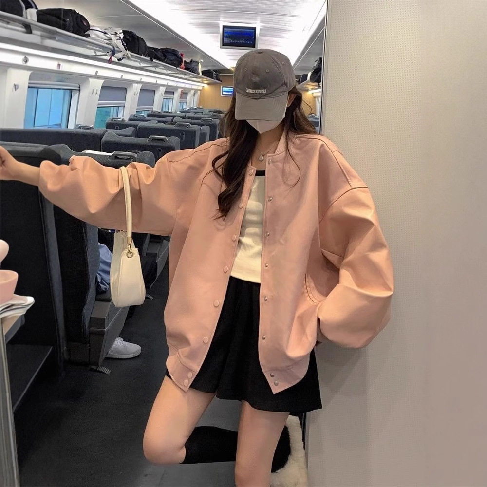 法国chrry koop粉色pu皮棒球服女春秋美式复古小个子宽松百搭