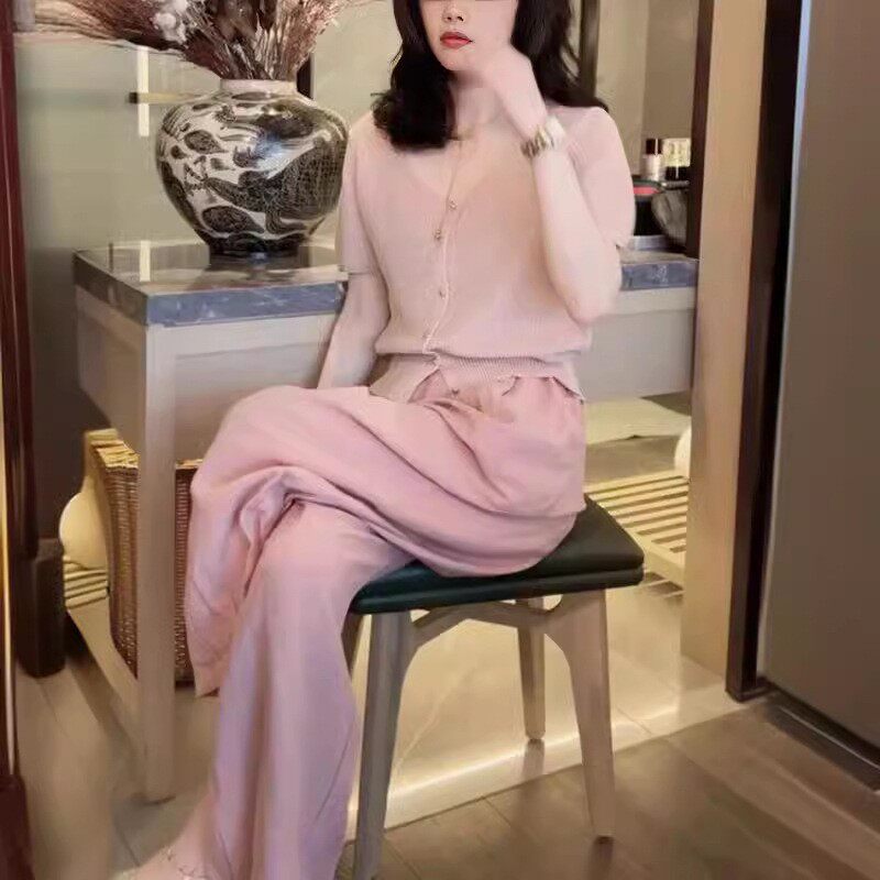 英系coss koko夏季新款简约短袖开衫高腰阔腿裤洋气显瘦女