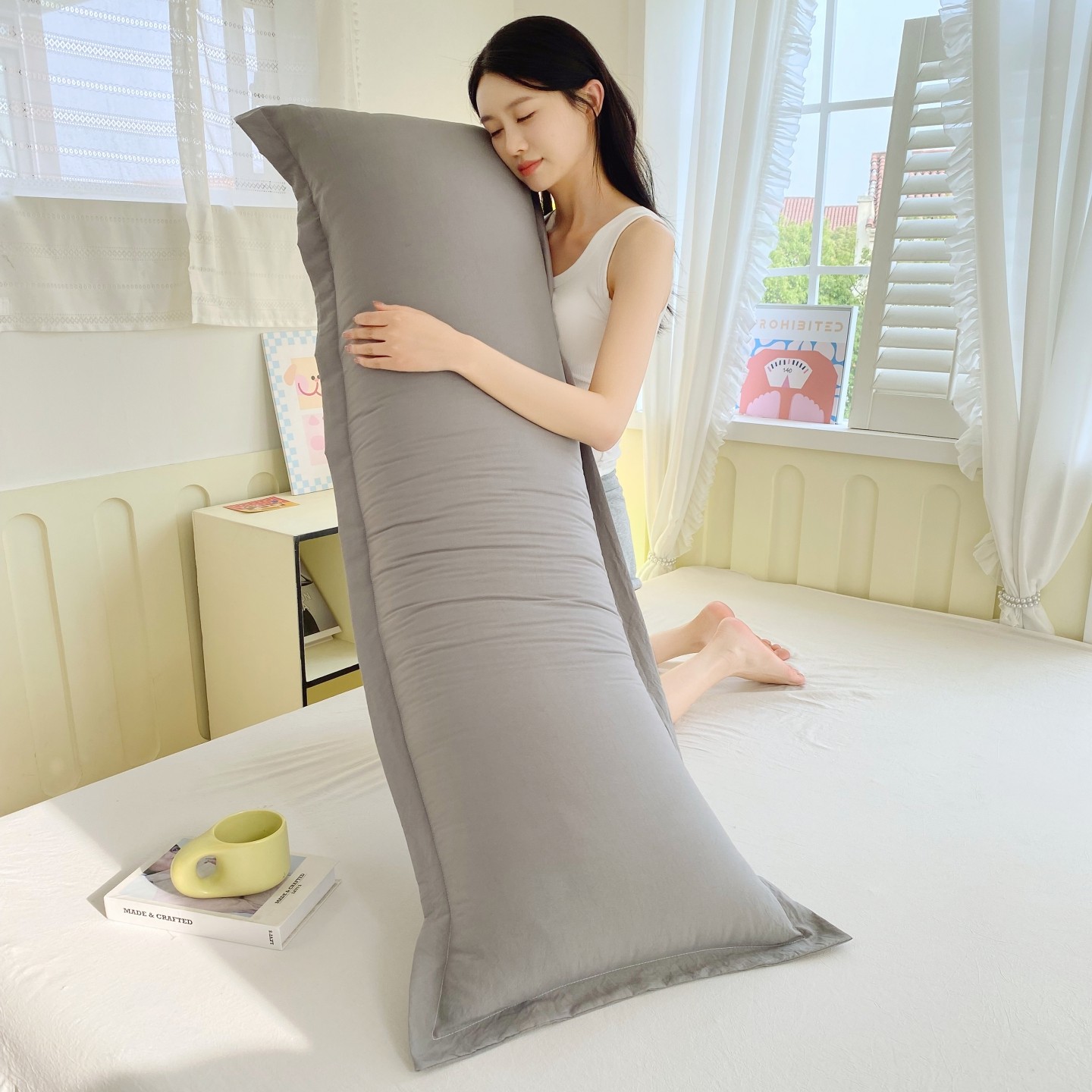 双人枕长条云感A类云朵水洗棉双人纯色长枕套