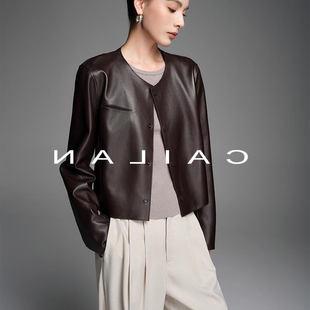 外套 修身 春秋百搭夹克皮衣新西兰进口真皮头层绵羊皮短款 圆领时尚