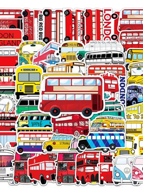 500张卡通大巴车涂鸦贴纸红色巴士水杯平板水壶儿童笔记本电脑手机手账玩具箱收纳盒电动车头盔装饰贴画防水