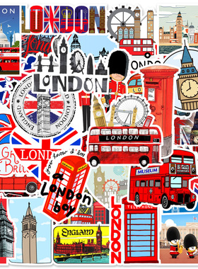 200张潮牌英伦风英国伦敦红色大巴车涂鸦贴纸笔记本电脑吉他水杯电动车汽车自行车头盔滑板冰箱装饰贴画防水