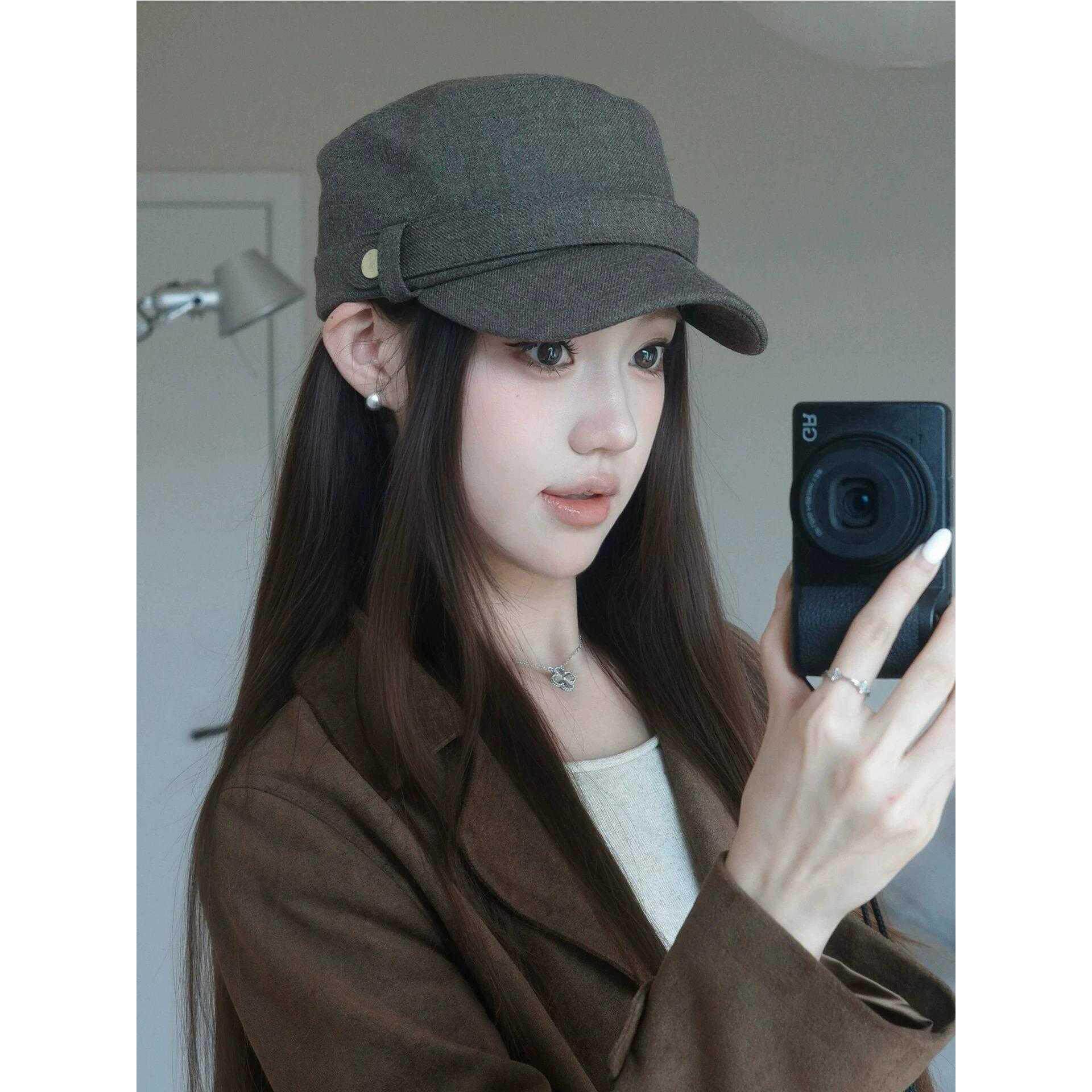 韩系老钱风毛呢马术帽女款2026秋季新款纯色平顶帽子高级感鸭舌帽