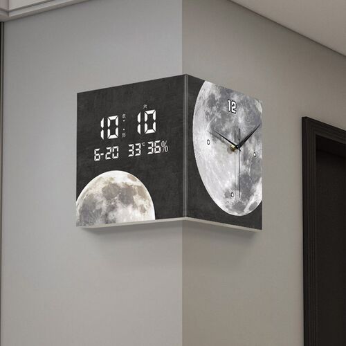 2024新款客厅转角时钟壁灯发光双面挂钟免打孔数显万年历电子钟表