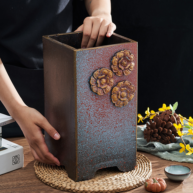 立体浮雕方盆花盆绿植方形多肉花盆老桩法师悬崖桩粗陶盆创意高端