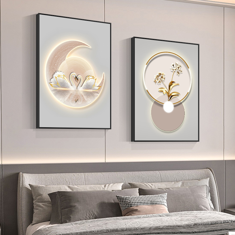 浪漫婚房主卧墙壁画现代简约房间两联温馨挂画天鹅卧室床头装饰画