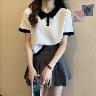 正肩T恤女夏季 韩版 白色短袖 2023新款 辣妹上衣 polo衫 小众显瘦短款
