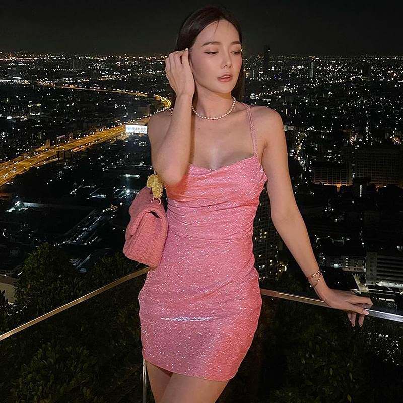 instunning欧美裙子荡领连衣裙宴会吊带裙女闪闪性感礼服包臀裙子
