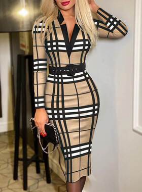 2022秋季欧美跨境新款圆点格纹长袖V领高腰修身中长款女士连衣裙