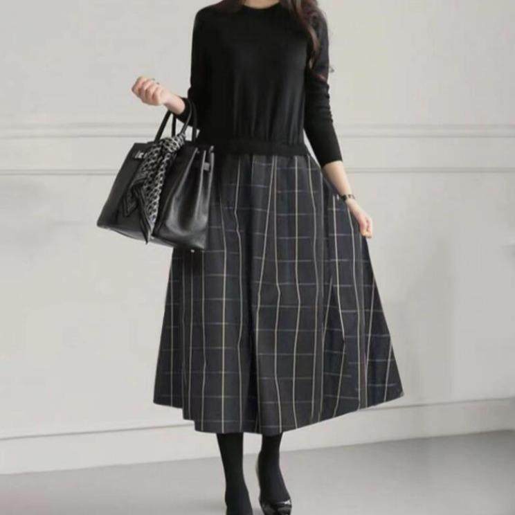 跨境秋冬季复古气质毛衣格纹拼接连衣裙女大版设计感假两件长裙潮