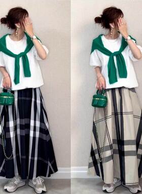 日系乐天爆款新款 ins热卖亚马逊宽松A字大摆大格纹半身裙