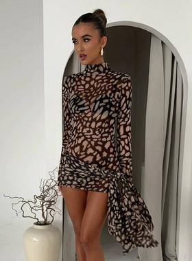 2025新款豹纹印花网纱包臀沙滩裙修身比基尼长袖防晒罩裙coverup