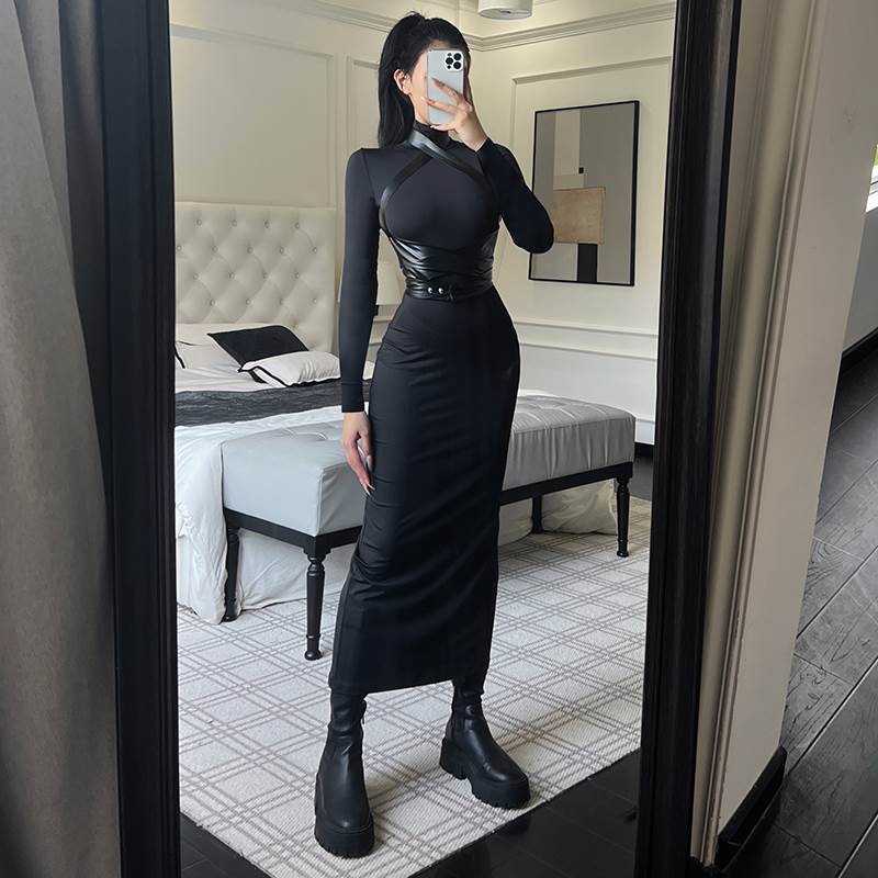 instunning迪丽热巴同款御姐风连衣裙女长袖皮带束腰后开叉长裙子