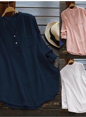 欧美女装跨境新品2021wish亚马逊eaby热卖纯色宽松立领棉麻衬衣